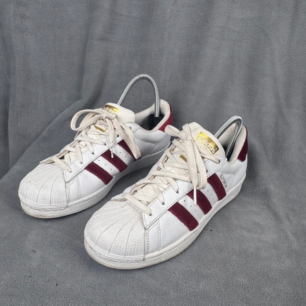 Adidas Superstar White Burgundy Velvet Stripes Leather Sneakers AC7158 Women 7.5